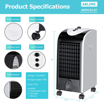 ARLIME Evaporative Air Cooler, Windowless Swamp Cooler Fan & Humidifier with 3 Modes, 3 Speeds, 2 Ice Boxes
