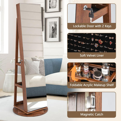 360° Rotating Mirrored Jewelry Cabinet Armoire 3 Color LED Modes Lockable