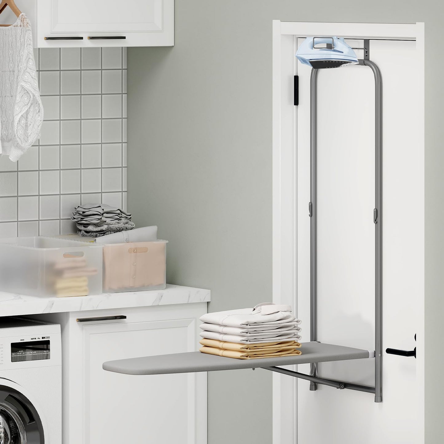 Space Saving Metal Hanging Ironing Board with Iron Holder & Cotton Cover