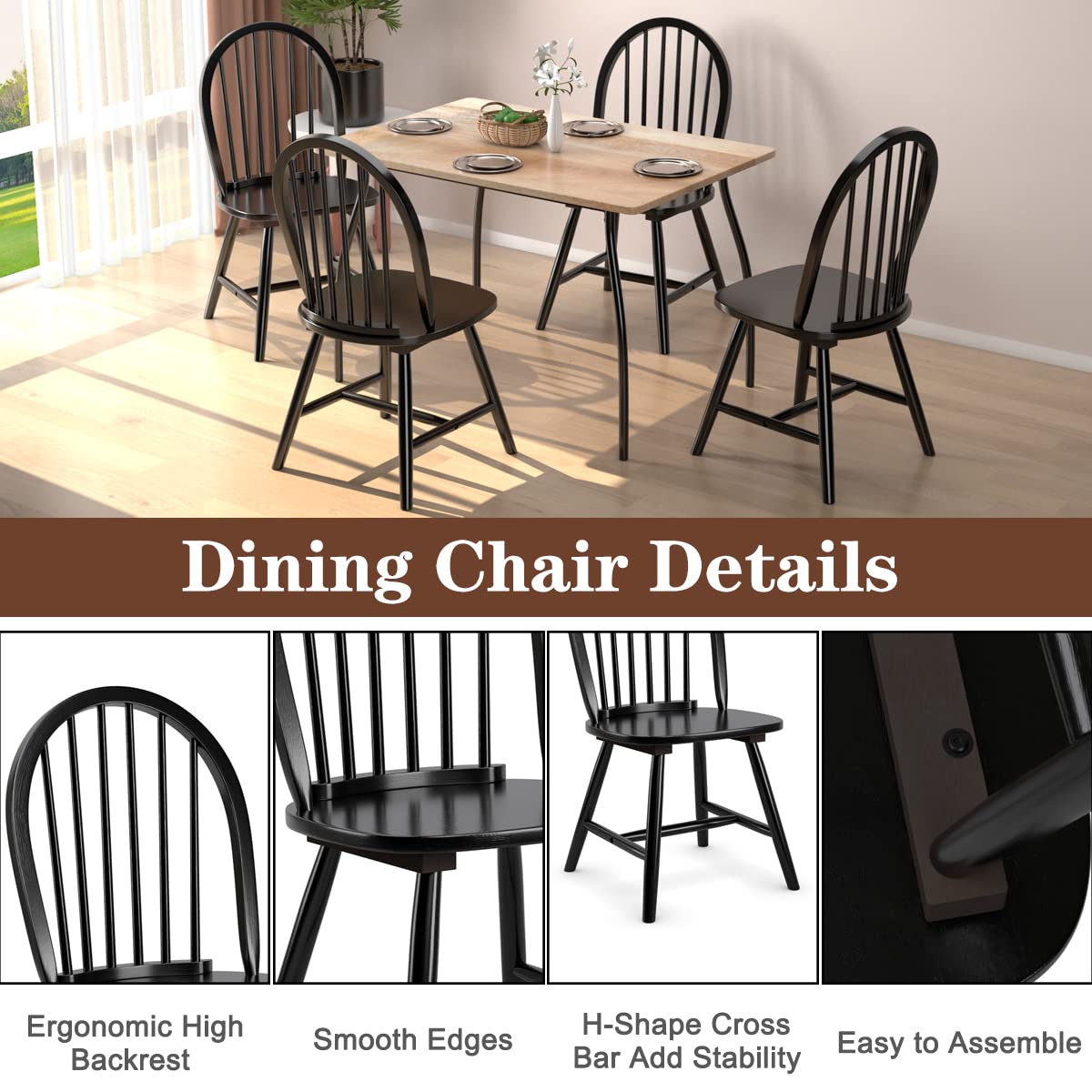 Windsor Dining Chairs Set of 2/4 w/Spindle Back & Reinforced H-Shaped Legs