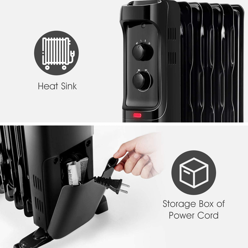 1500W Oil Filled Radiator Heater, Electric Space Heater with 3 Heating Modes, Adjustable Thermostat