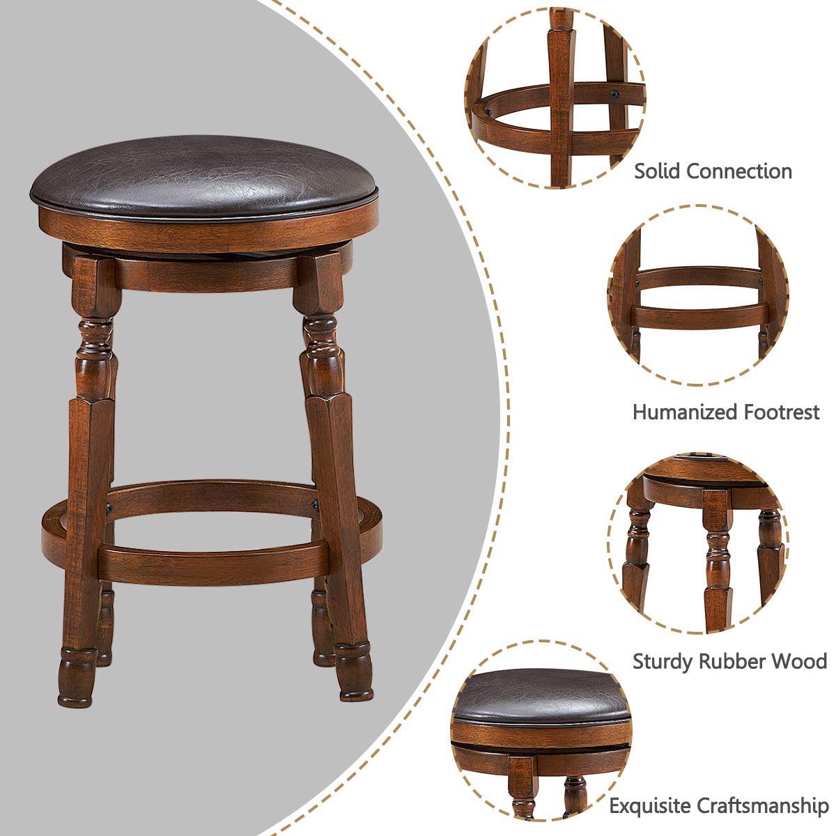 24 Inch Counter Height Round Bar Stool with 360° Swivel Cushioned Seat & Sturdy Natural Rubber Wood