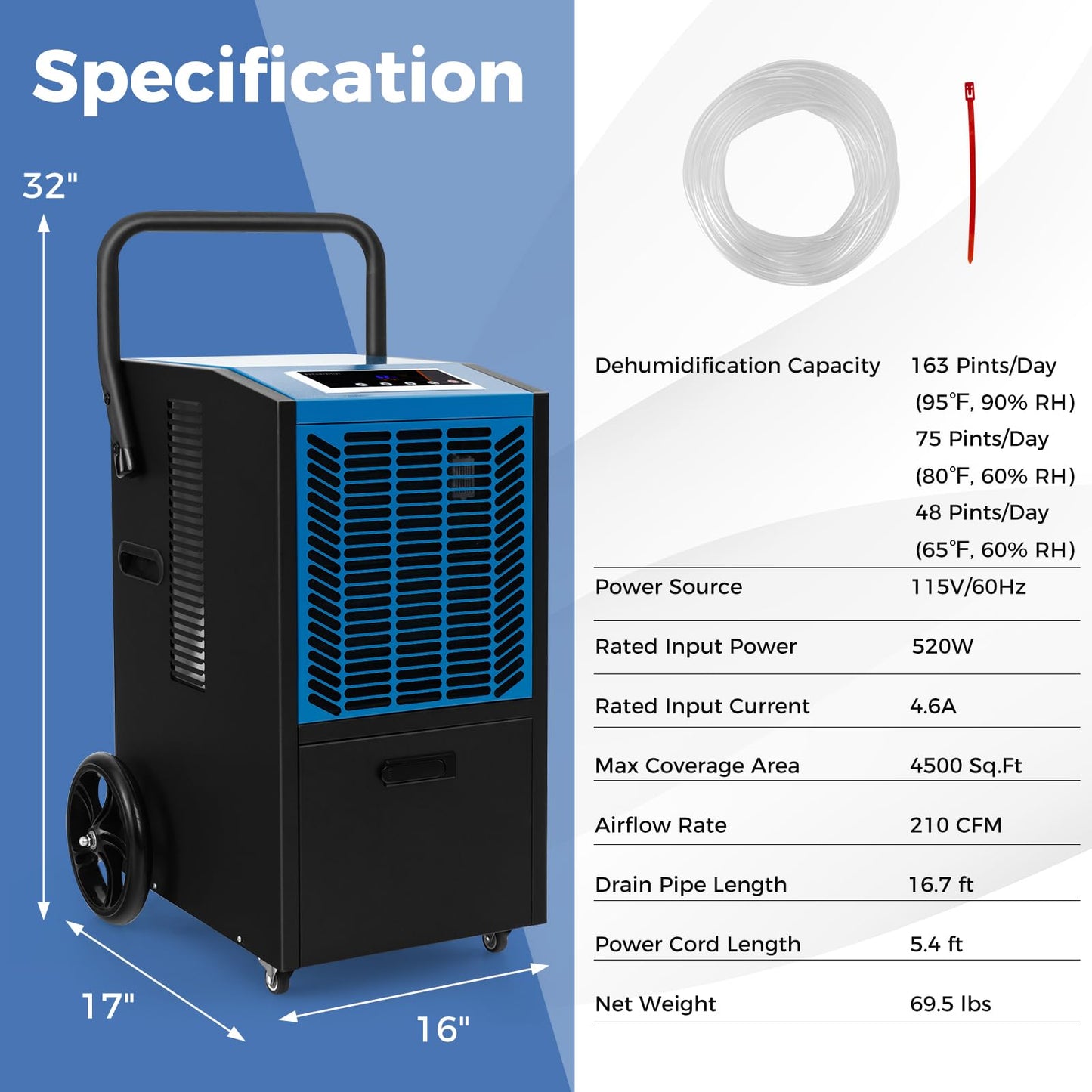 ARLIME 163 Pints Commercial Dehumidifier, Heavy Duty Portable Dehumidifier for Large Spaces
