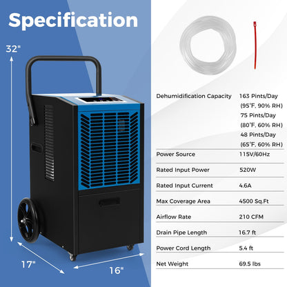 ARLIME 163 Pints Commercial Dehumidifier, Heavy Duty Portable Dehumidifier for Large Spaces