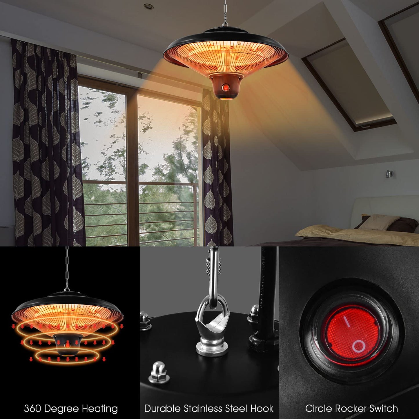 Hanging Patio Heater 1500W Electric Ceiling Infrared Heater with Remote Control