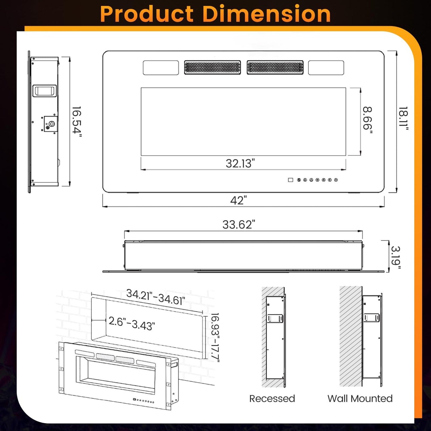 Ultra Thin Electric Fireplace 42 inch Wide with 12 Flame and Flame Bed Color