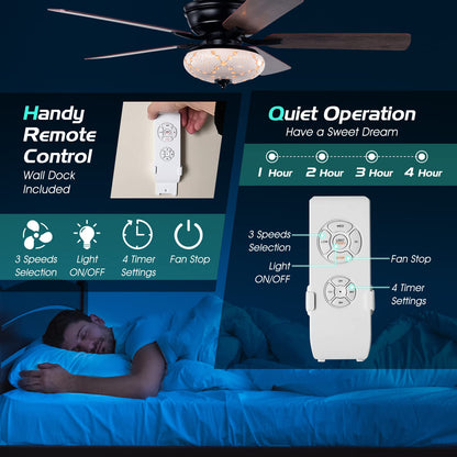 52-Inch Ceiling Fan with Remote Control, Crystal Ceiling Fan with 3 Wind Speeds and 5 Reversible Blades