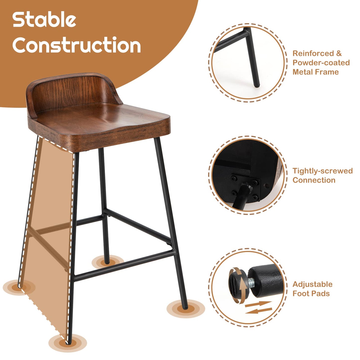Bar Stool 24.5'' Industrial Pub Stool with Low Backrest and Footrest