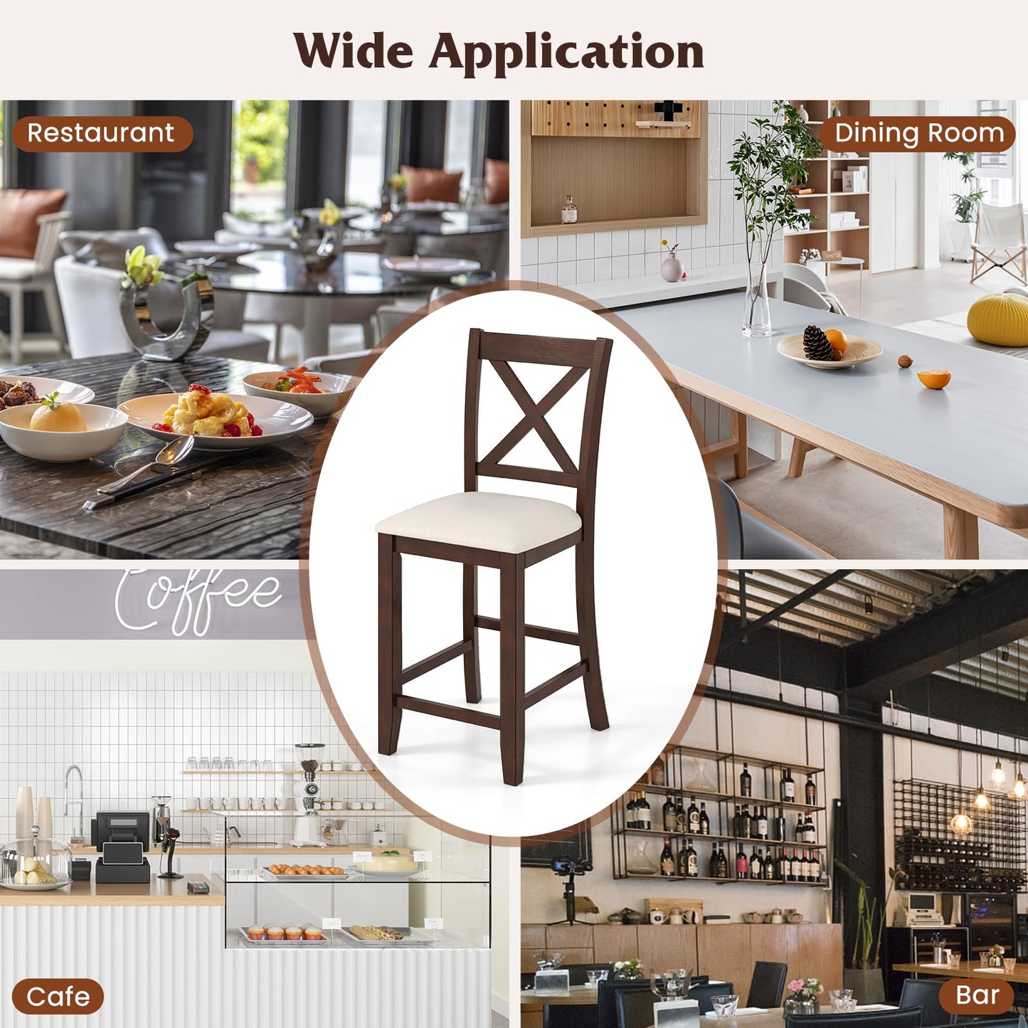 24’’ Counter Height Barstools with Rubber Wood Frame for Home Bar Cafe