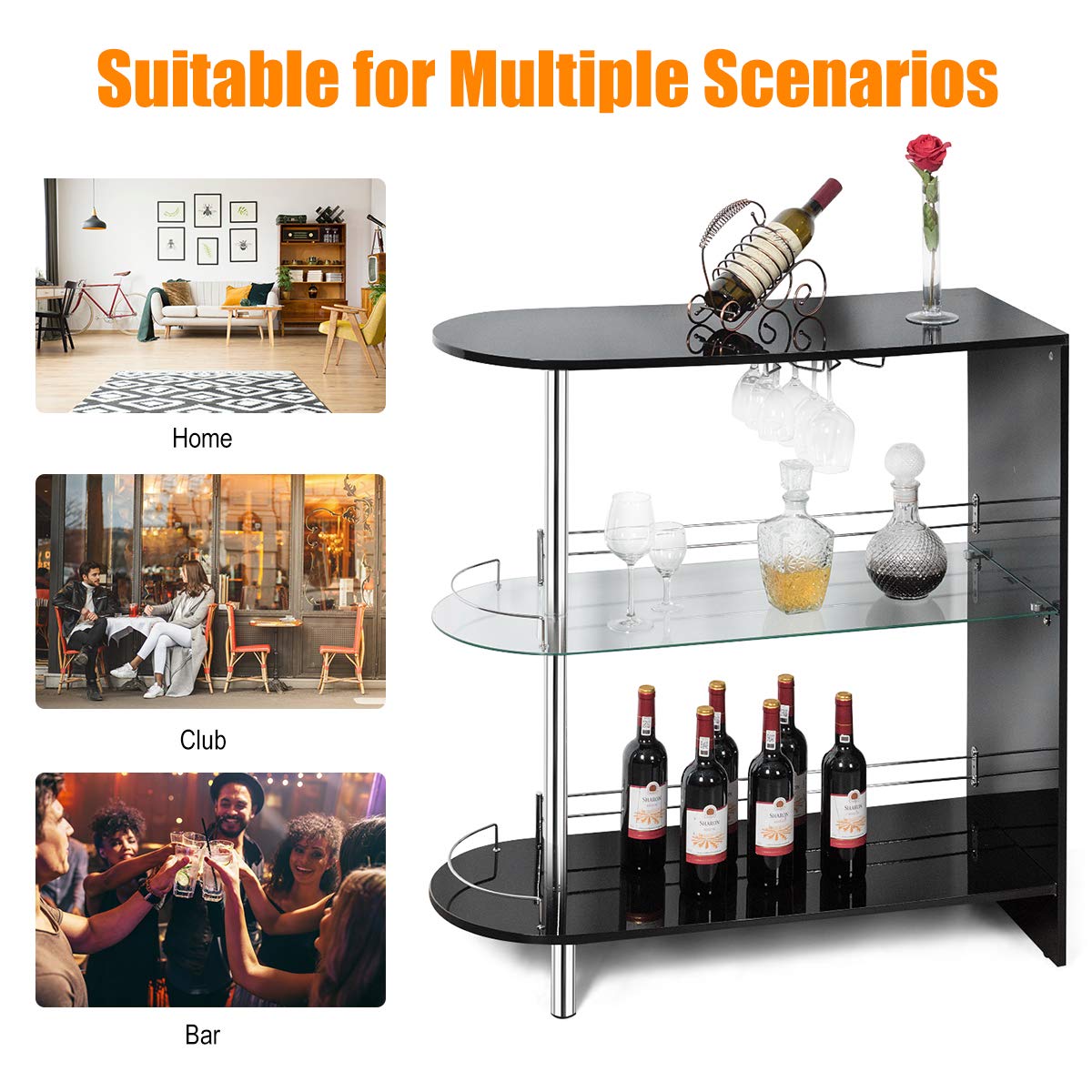 Bar Cabinets Table with 2-Holder Modern Liquor Display Bar Cabinet with Tempered Glass Shelves