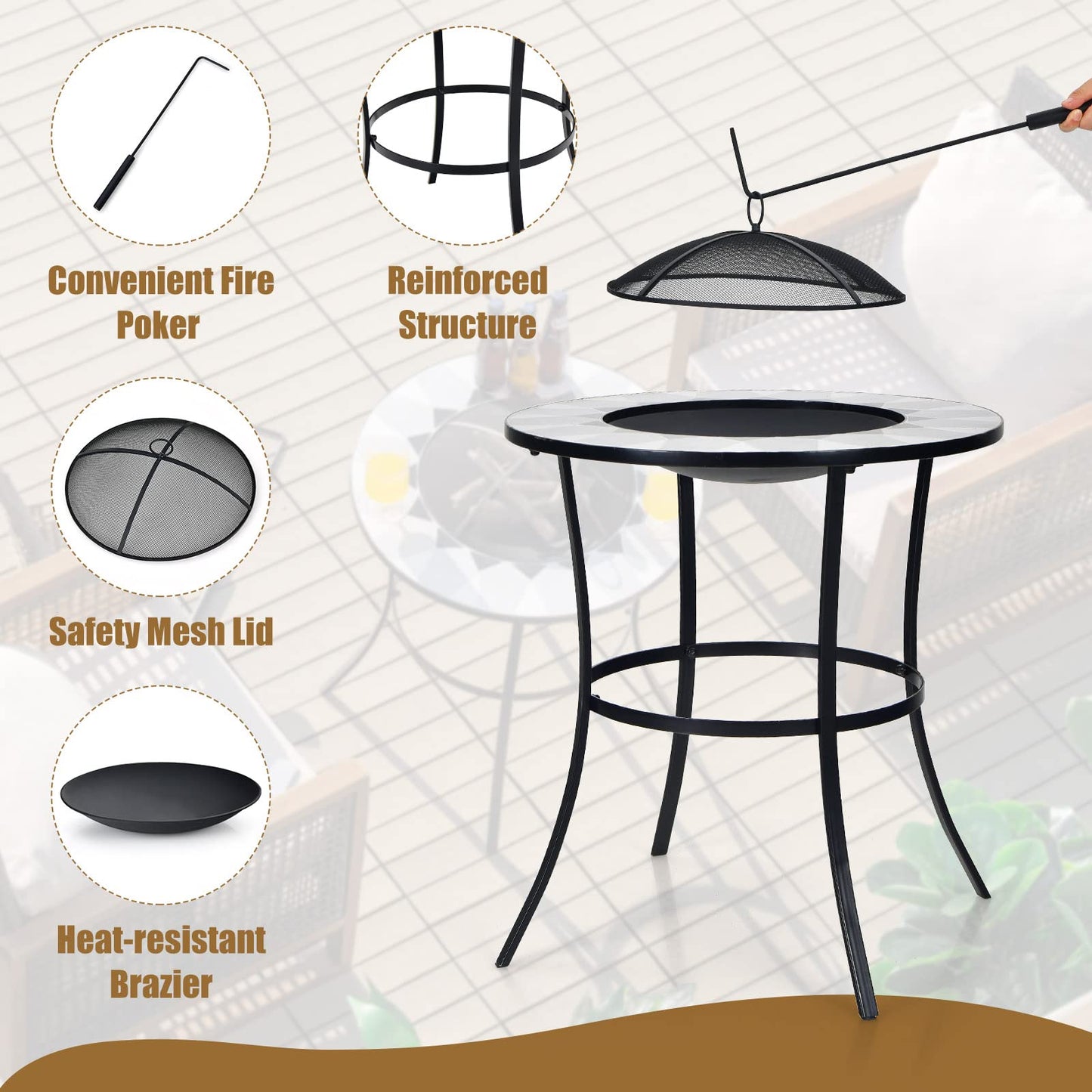 Outdoor Fire Pit with Mesh Cover & Fire Poker