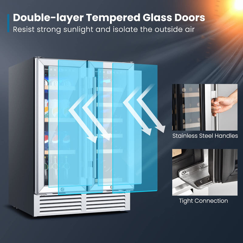 Wine and Beverage Refrigerator, 24 Inch Dual Zone Under Counter Wine Cooler w/Lock