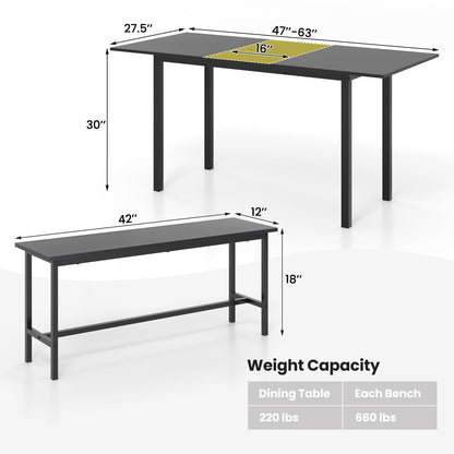 63” Extendable Kitchen Table Set with 2 Benches for Small Space