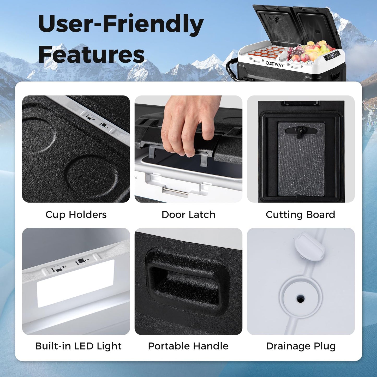 Car Refrigerator with Wheels, 53-Quart Dual-zone Dual-temperature Electric Cooler, 12V/24V DC, 100-240V AC, Black