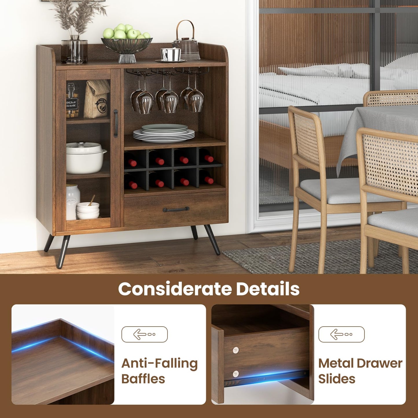 Wine Storage Cabinet with 3 Row Wineglass Holder for Dining Room & Living Room