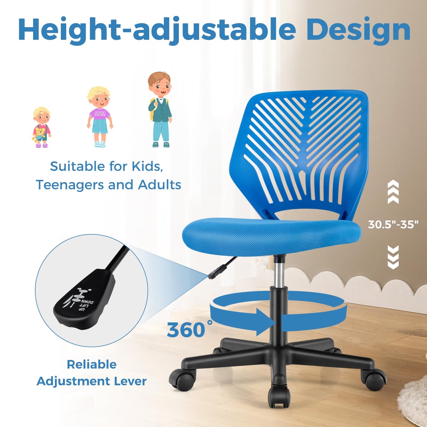Height-Adjustable Ergonomic Kids Desk Chair Swivel Armless Task Chair w/Universal Casters