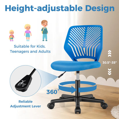 Height-Adjustable Ergonomic Kids Desk Chair Swivel Armless Task Chair w/Universal Casters