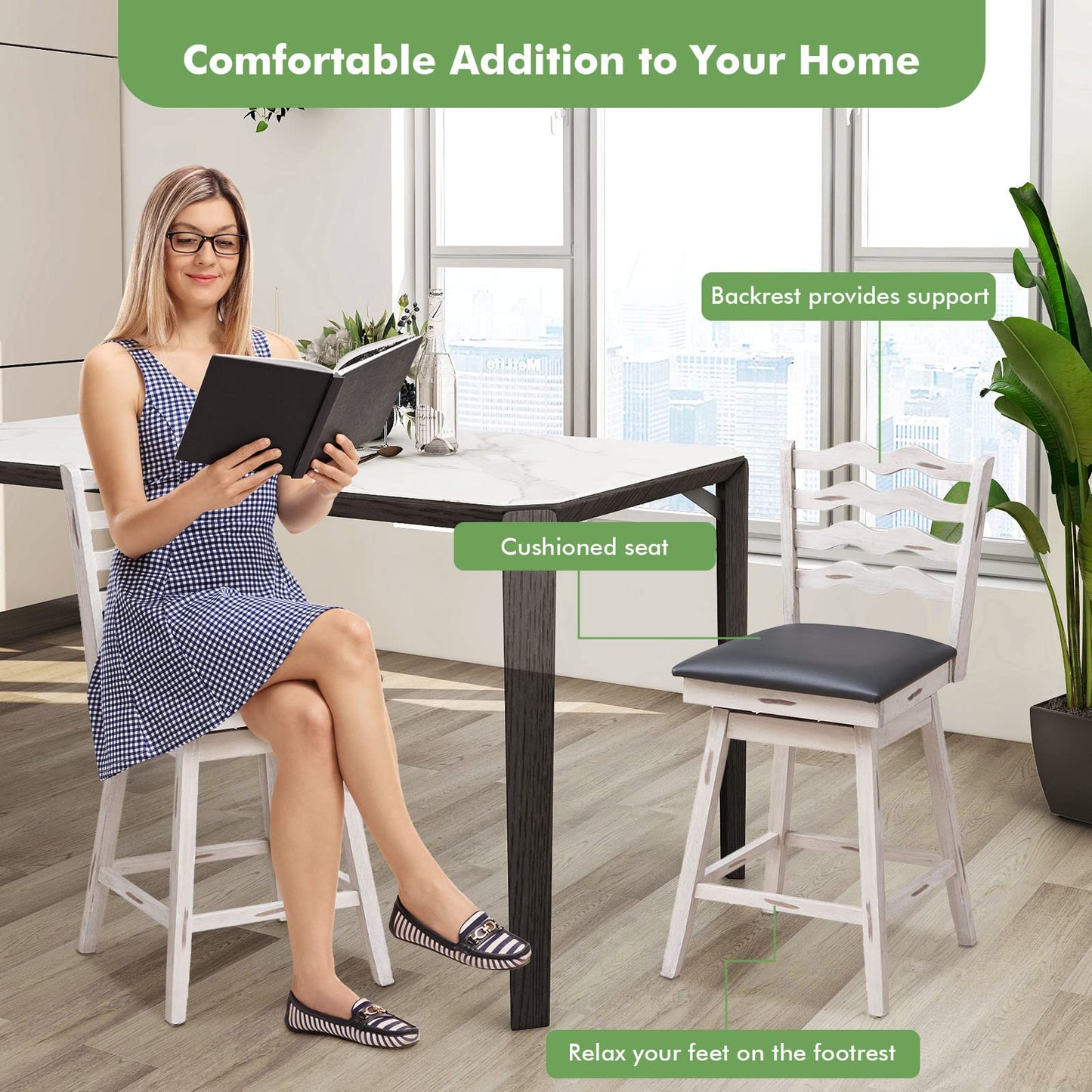 Bar Stools Set 360° Swivel Counter Height Chairs with Rubber Wood Frame