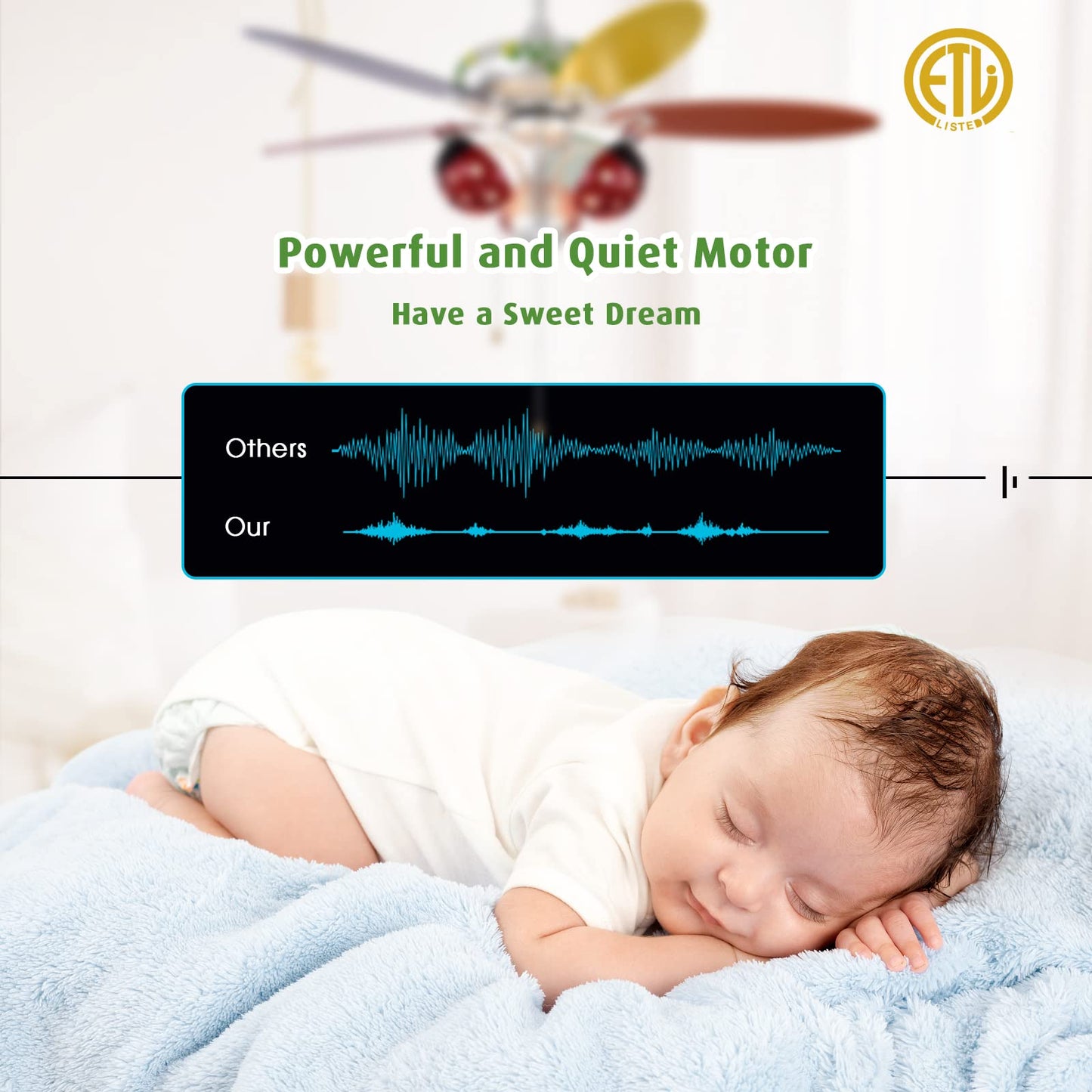 52" Ceiling Fan with Pull Chain Control, Kids Fan Light with 5 Colorful Blades and 3-Speed