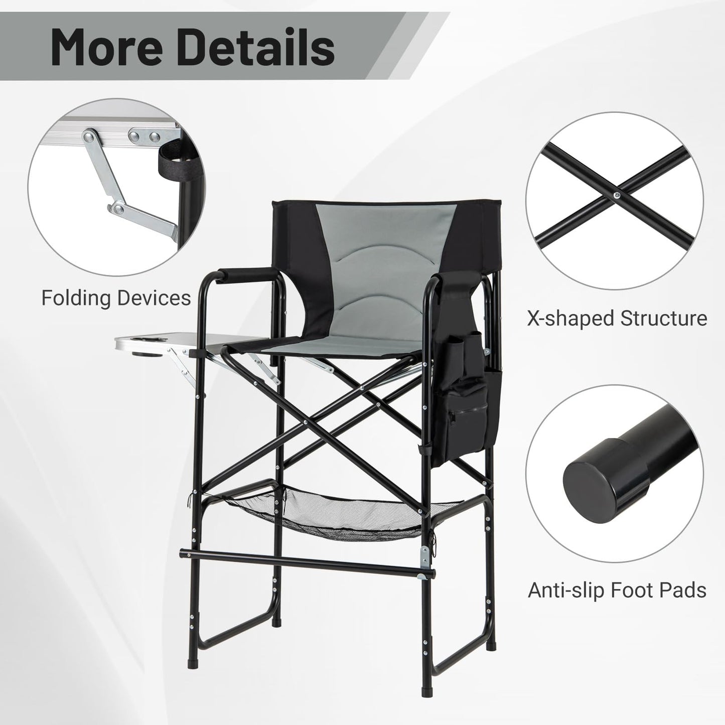 46" Tall Directors Chair Folding Makeup Artist Chair with Foldable Side Table & Footrest