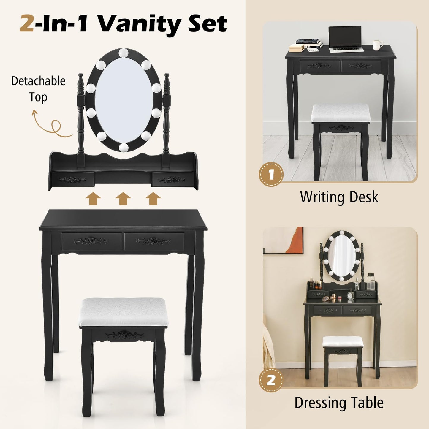 Vanity Desk with Lights 2-in-1 Makeup Table with 3 Modes Adjustable Lighted LED Mirror & Cushioned Stool