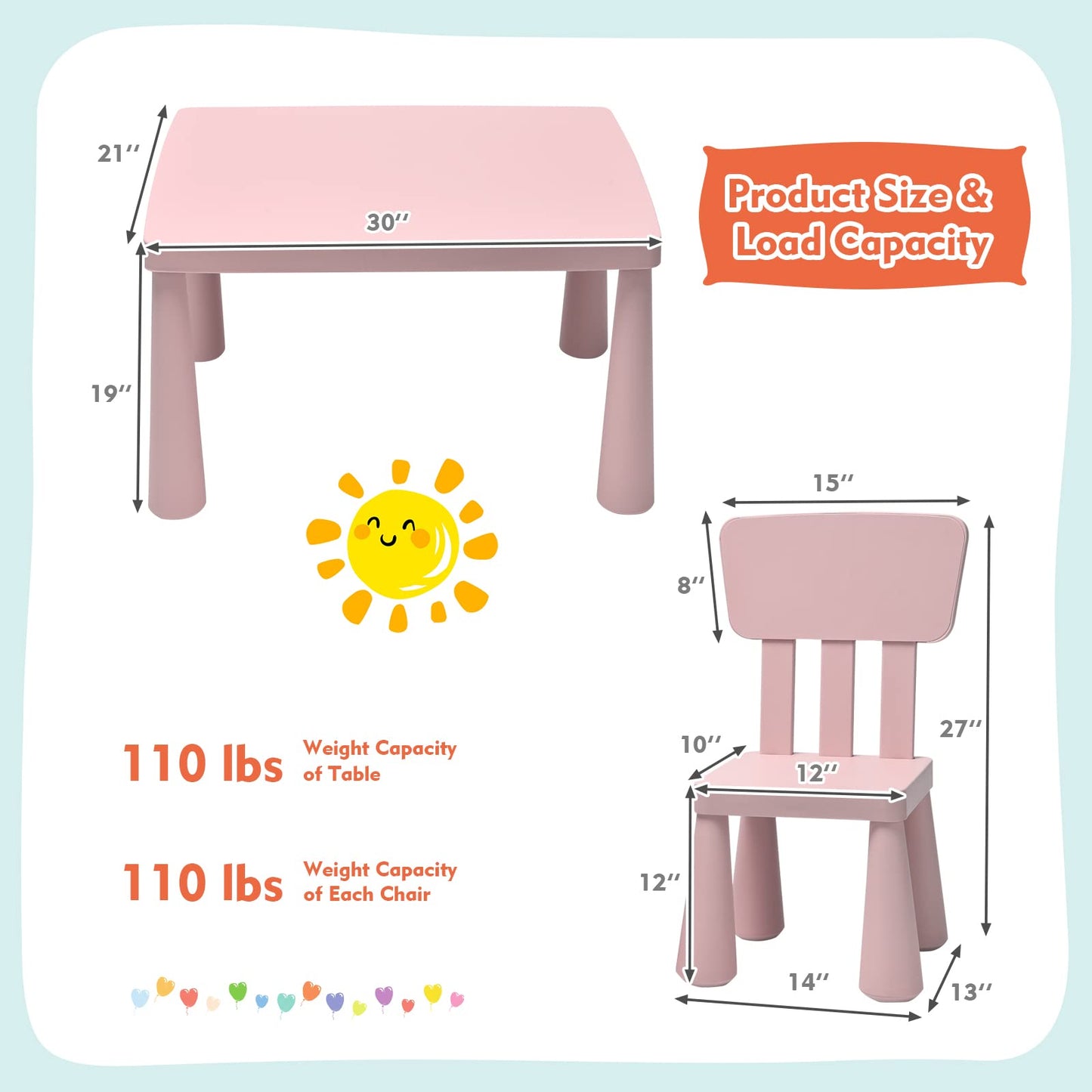 3 Piece Kids Table and Chairs Set for Ages 1-7