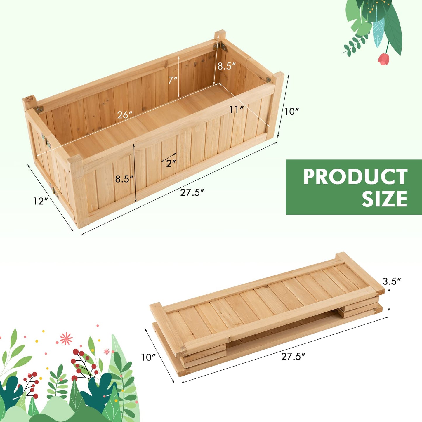 Wooden Planter Garden Bed with Drainage Holes for Vegetables