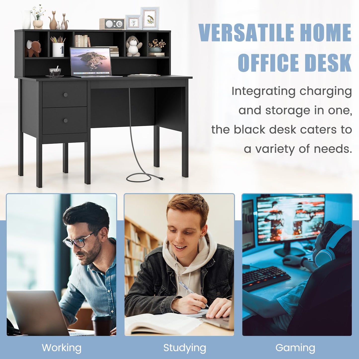 Writing Desk with USB Charging Ports & Power Outlets 48" Computer Desk with Drawers & 5-Cubby Hutch