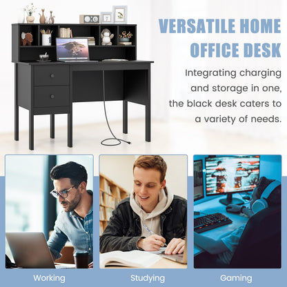 Writing Desk with USB Charging Ports & Power Outlets 48" Computer Desk with Drawers & 5-Cubby Hutch