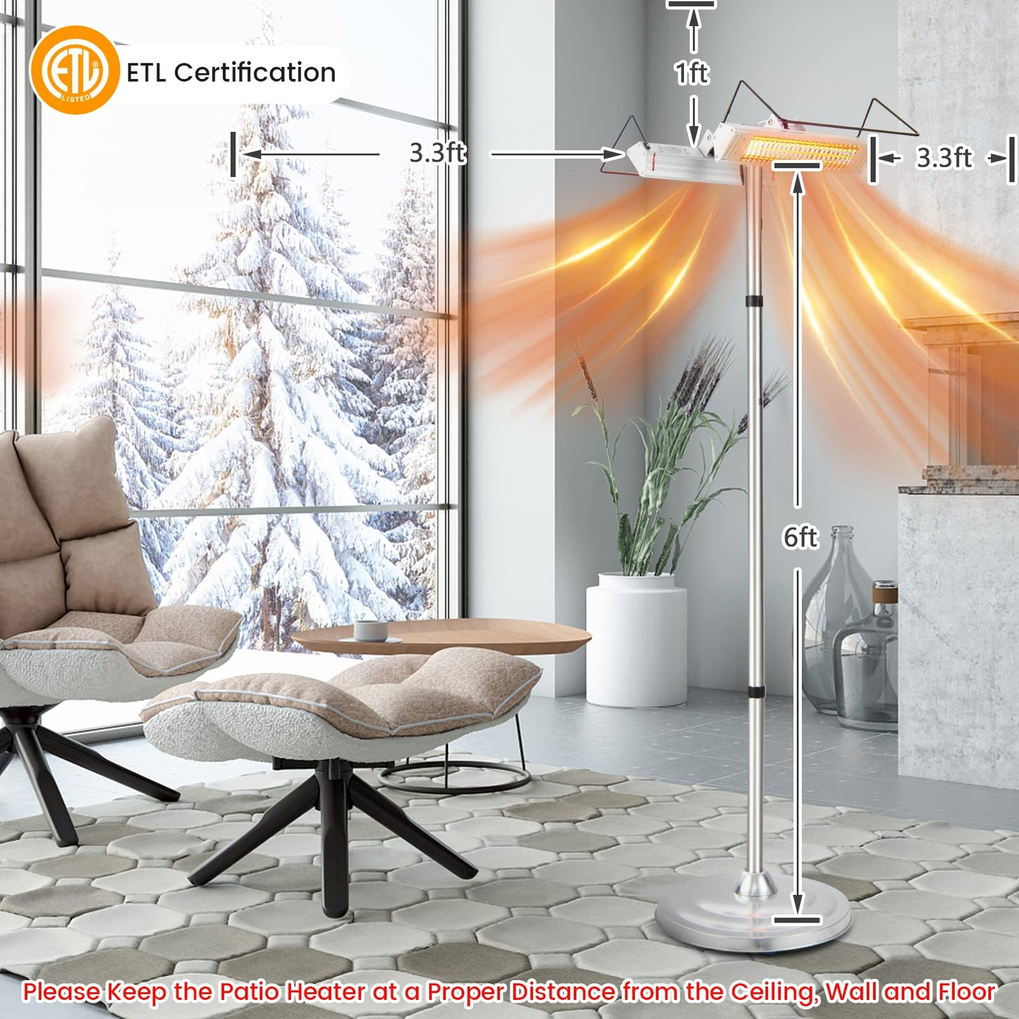 Outdoor Electric Patio Heater, 1500W Standing Infrared Heater with Double-sided Heating