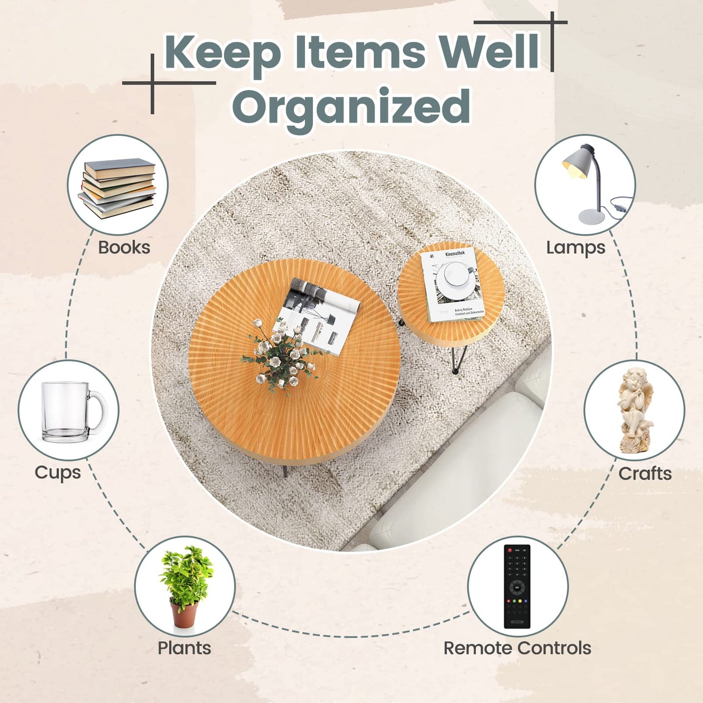 Farmhouse Round Coffee Table Set of 2 for Living Room