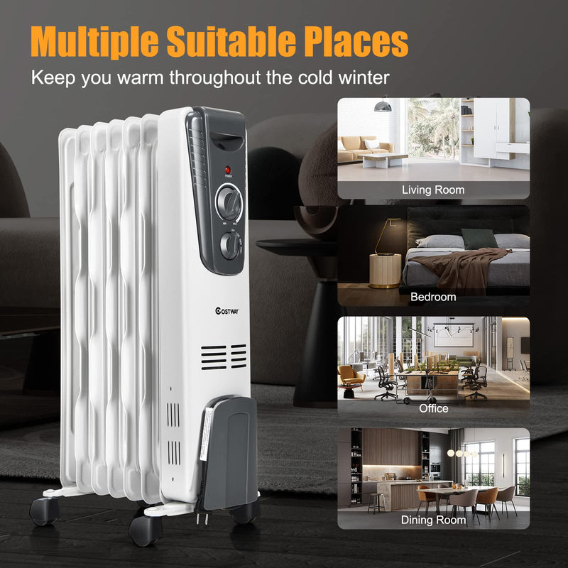 Oil Filled Radiator Heater, 1500W Portable Space Heater with Adjustable Thermostat, 3 Heat Setting