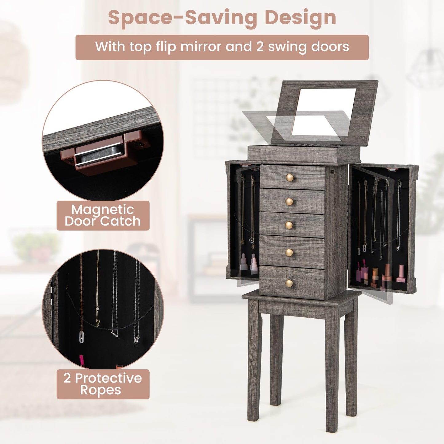 Wooden Jewelry Storage Chest with 5 Drawers for Women