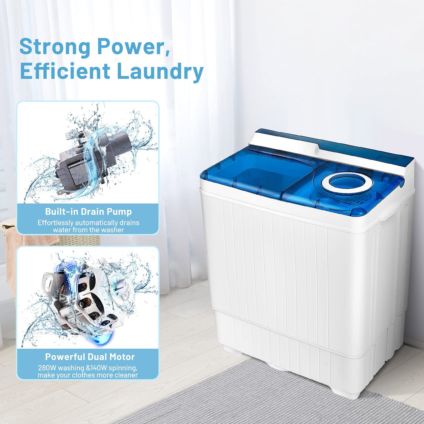 Washing Machine Semi-automatic, Twin Tub Washer with Spin Dryer, 26lbs Capacity, Built-in Drain Pump