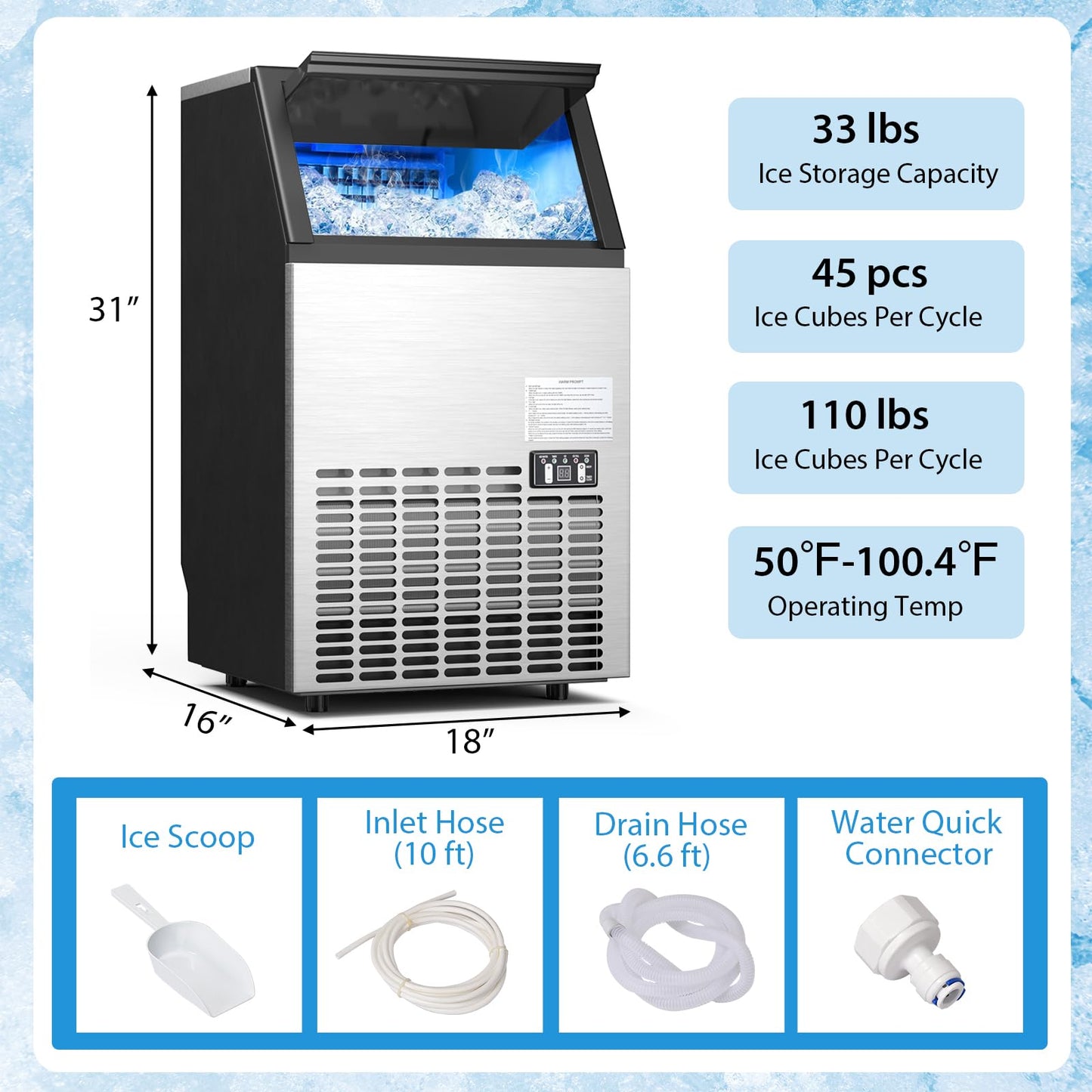 Commercial Ice Maker Machine, 110LBS/24H Stainless Steel Under Counter/Freestanding Self Cleaning Ice Machine with 24H Timer