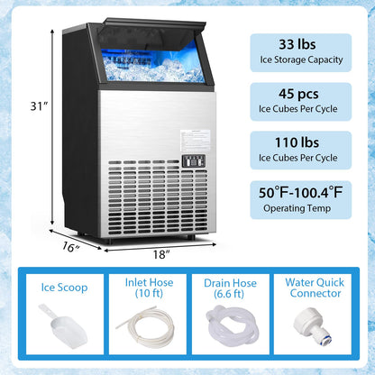 Commercial Ice Maker Machine, 110LBS/24H Stainless Steel Under Counter/Freestanding Self Cleaning Ice Machine with 24H Timer