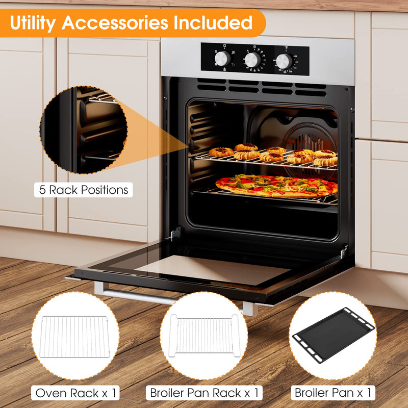 24" Single Wall Oven, Electric Built-in Wall Oven with 2.47 Cu. Ft. Capacity, 5 Cooking Functions