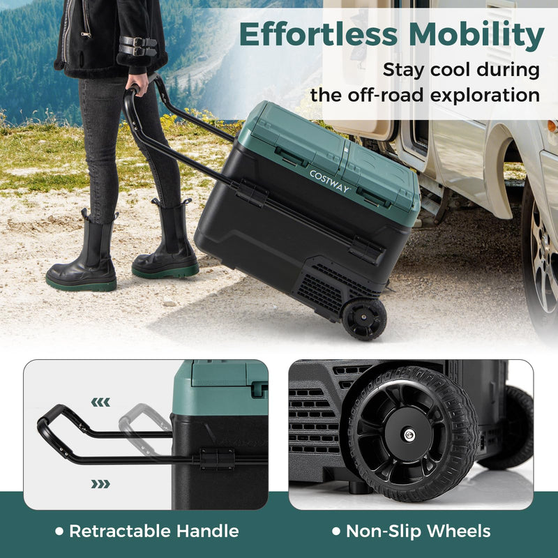 Car Refrigerator with Wheels, 53-Quart Dual-zone Dual-temperature Electric Cooler, 12V/24V DC, 100-240V AC, Green+Black