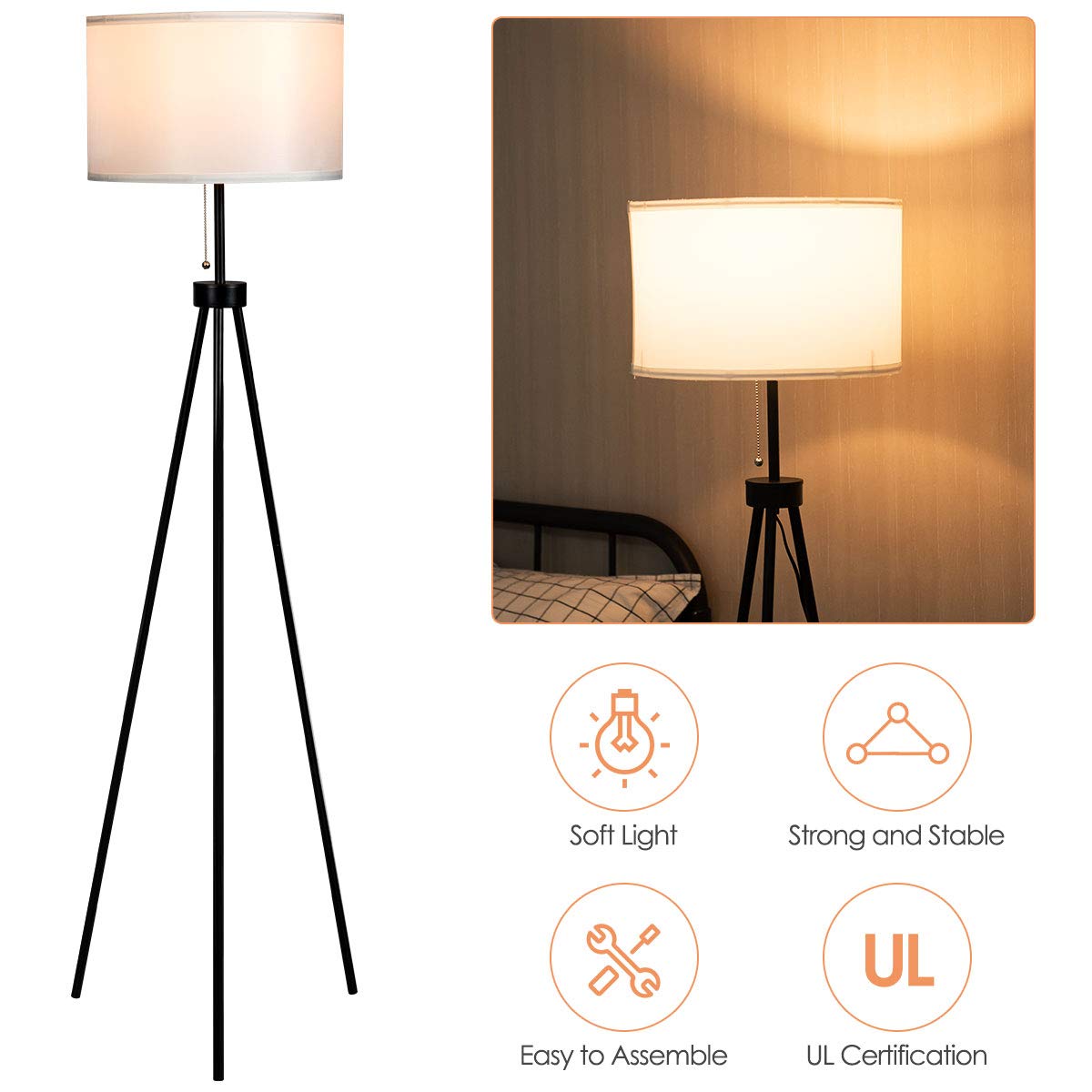 60.5" Metal Tripod Floor Lamp, Contemporary Minimalist Standing Floor Light with Iron Legs