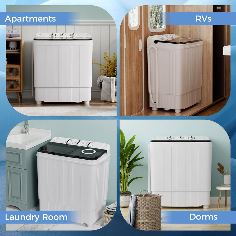 Portable Washing Machine, 17.6lbs Compact Portable Washer Twin Tub Combo with Pump Drain (Black & White)