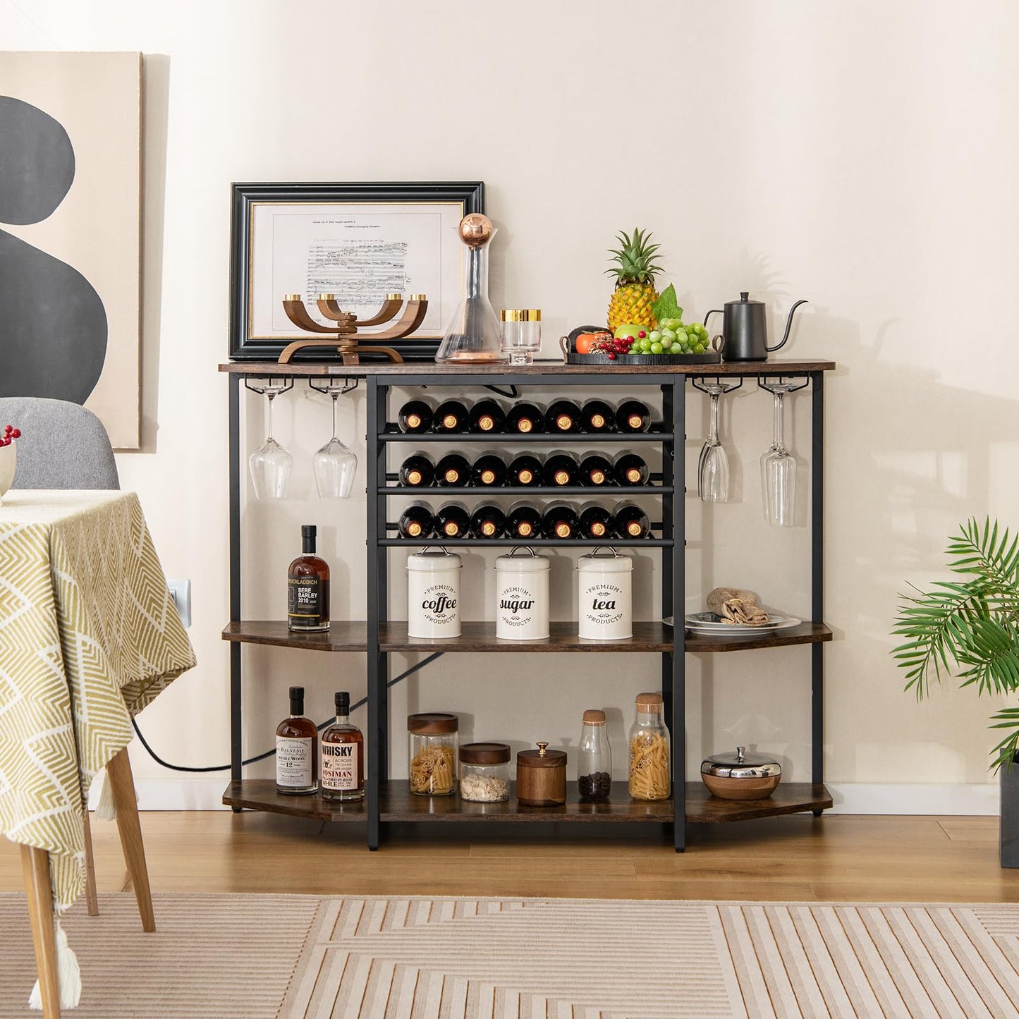 Wine Bar Cabinet 3-Tier Liquor Cabinet with Power Outlets