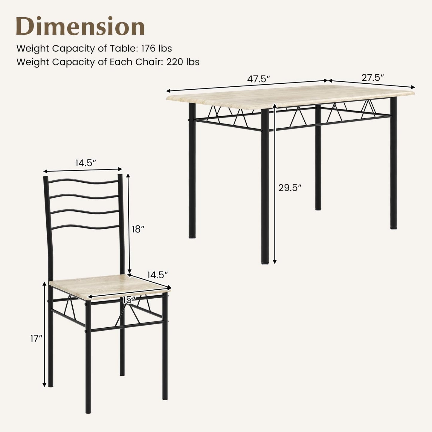 5 Piece Metal Rectangular Dinette Set w/Non-Slip Pad