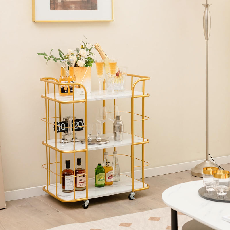 Gold Rolling Bar Cart 3-Tier Kitchen Utility Cart