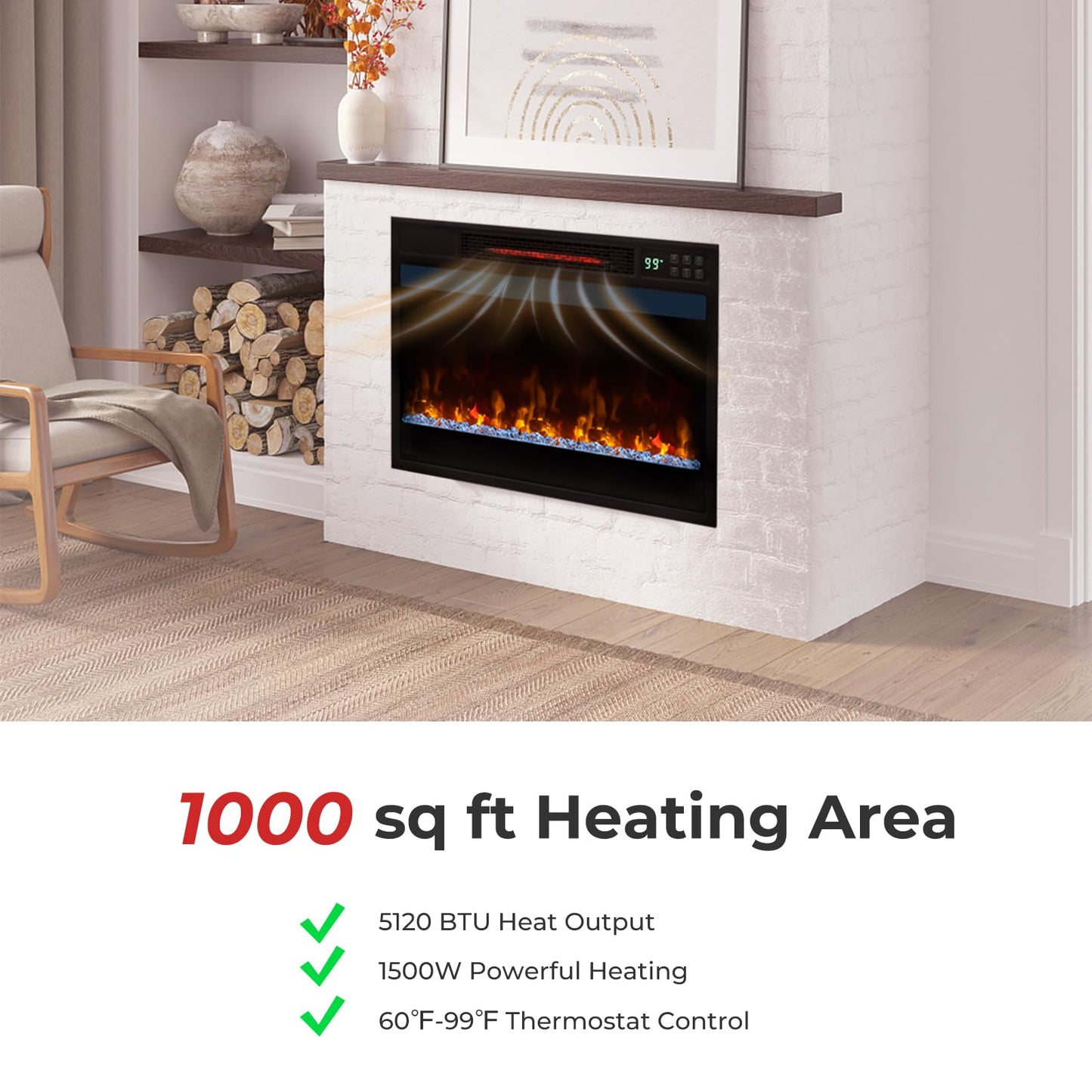 23-Inch Infrared Quartz Electric Fireplace Insert with Remote Control, 1500W Recessed Fireplace Heater