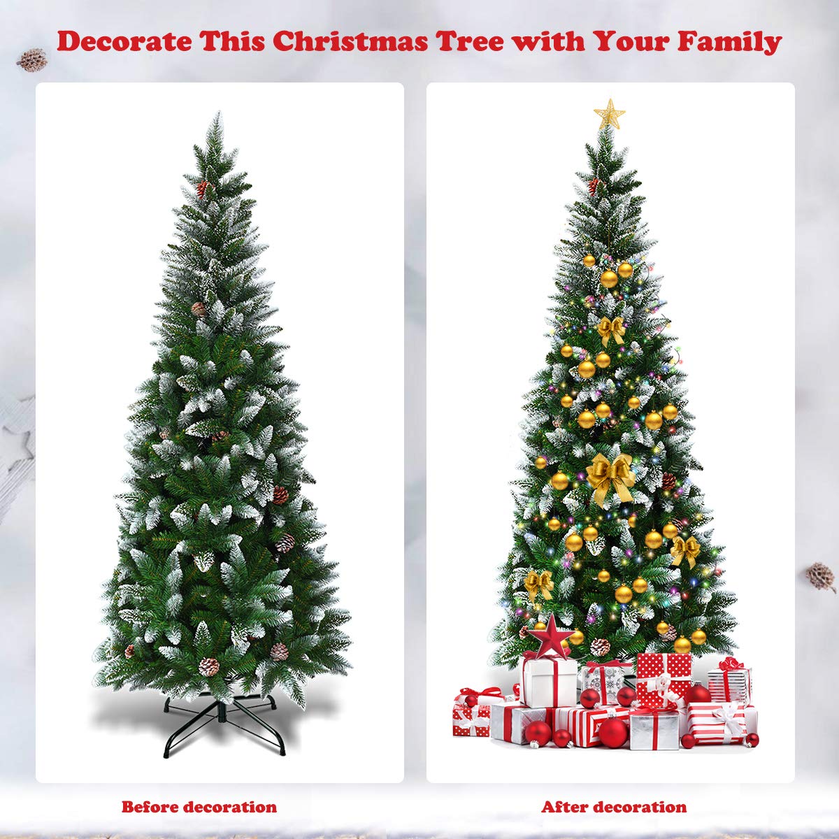 6FT Artificial Snow Flocked Pencil Christmas Tree Slim X-mas Tree with 630 Branch Tips