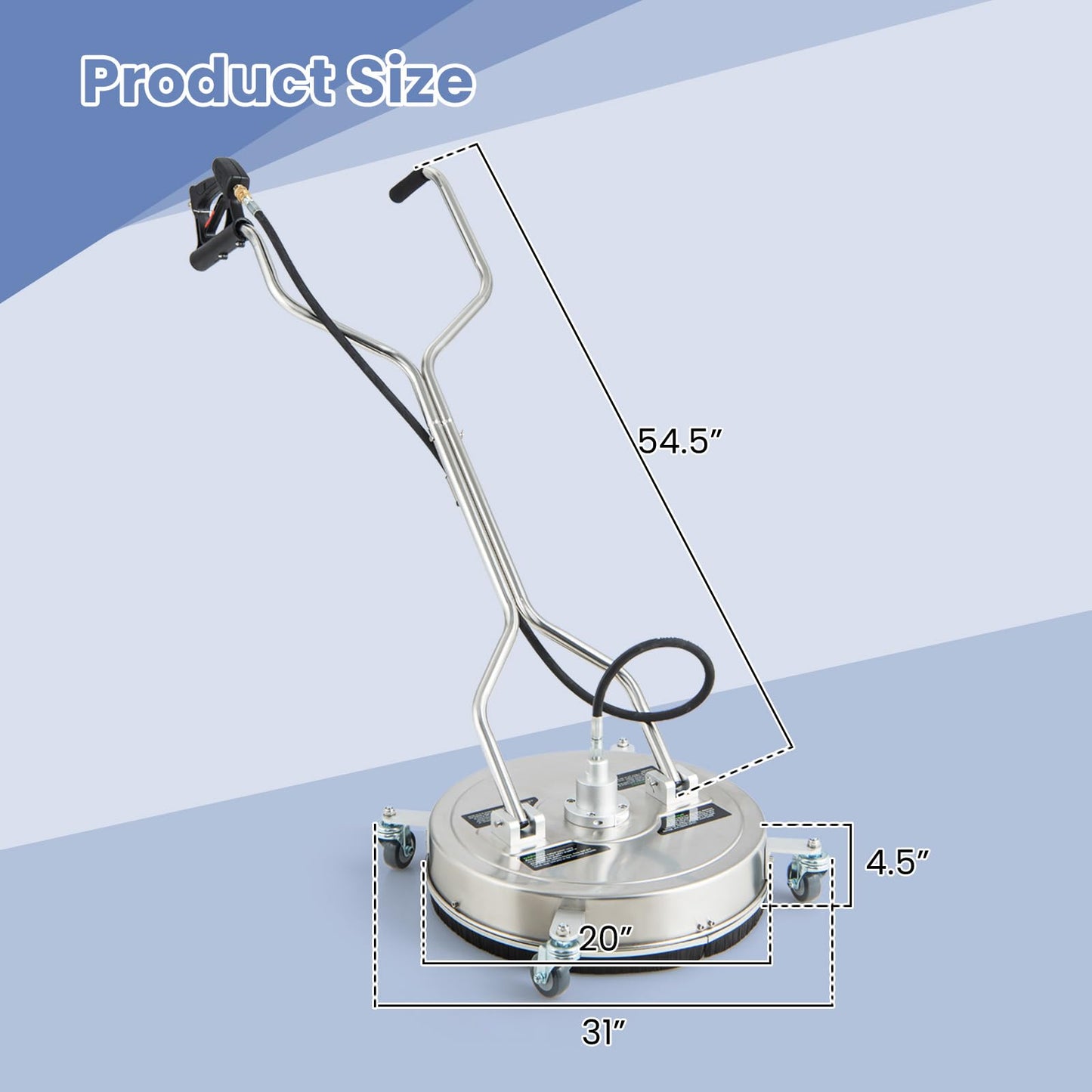 20" Pressure Washer Surface Cleaner with 4 Wheels, Dual Handle, Stainless Steel Housing