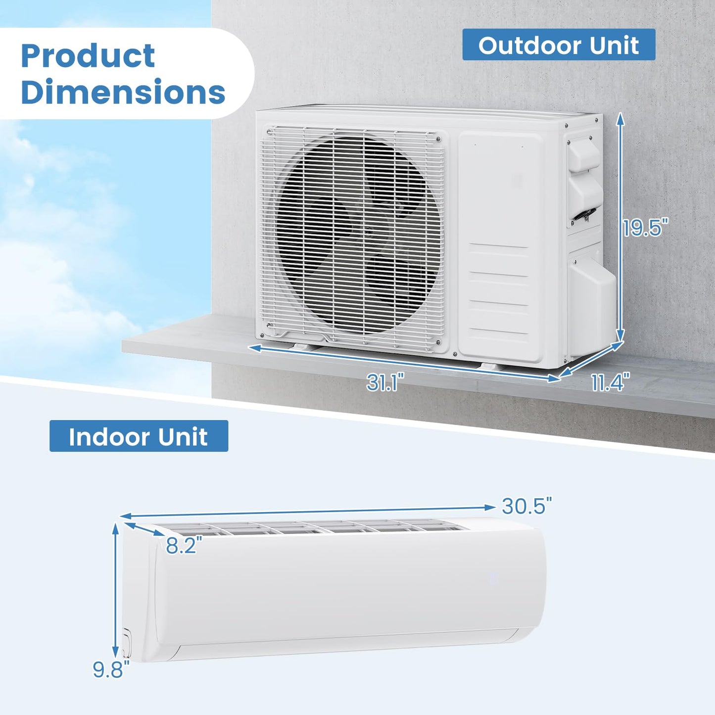 11500/17000/23000 BTU Mini Split Air Conditioner w/Installation Kit