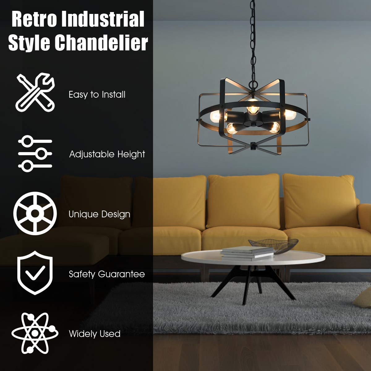 ARLIME 5 Lights Chandelier, Industrial Style Drum Shape Round Ceiling Lamp