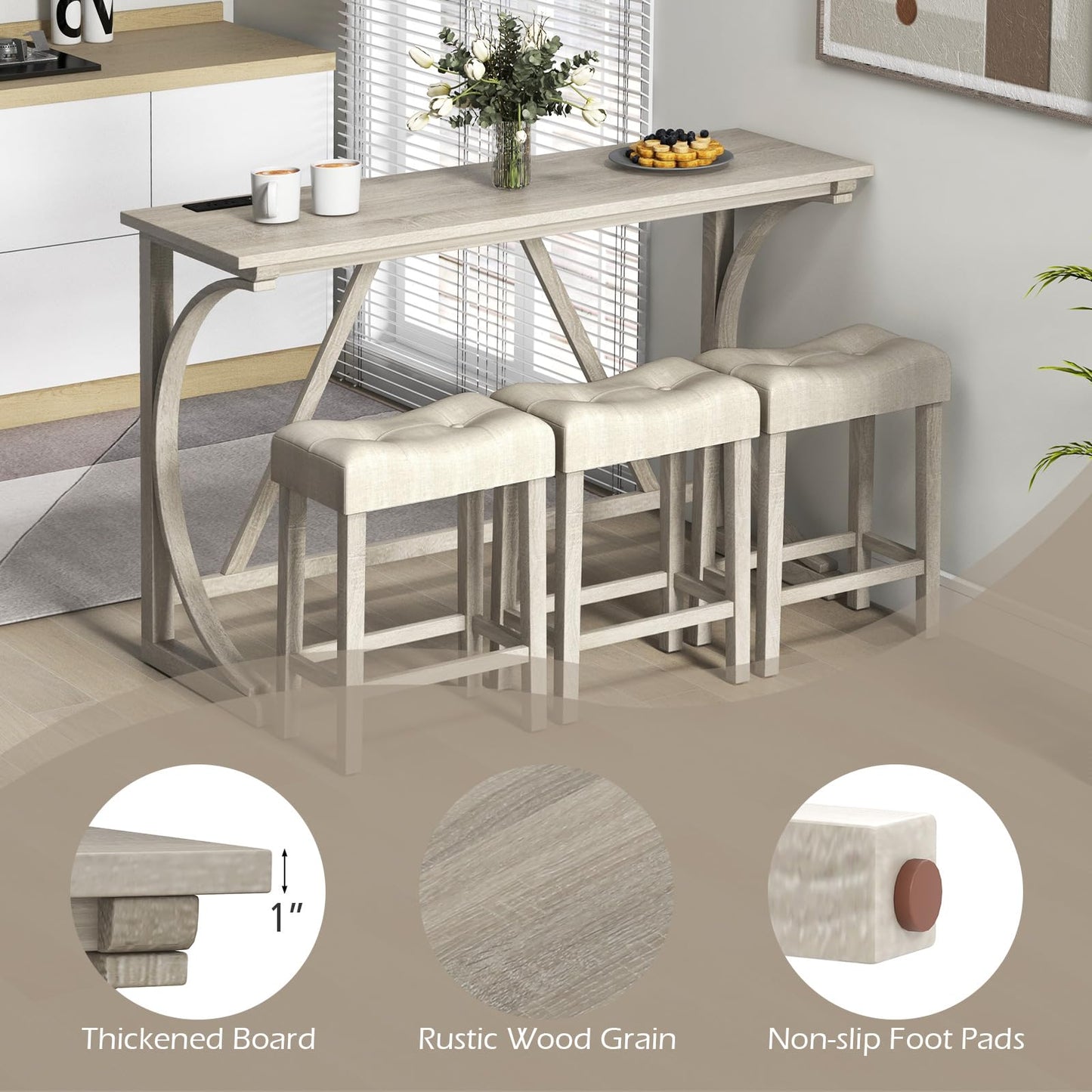 4 Piece Farmhouse Bar Table Set with Power Outlet for Kitchen