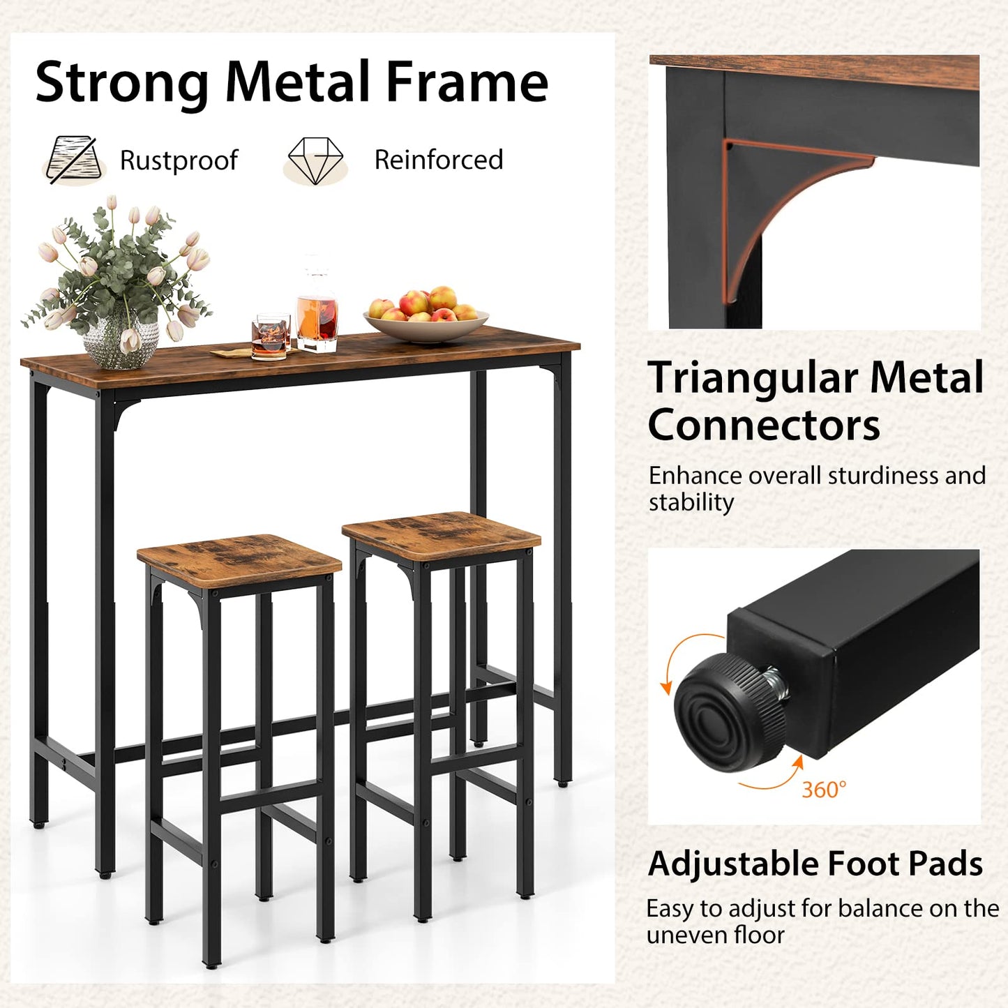 3-Piece Industrial Bar Table Set for 2 Counter Height Pub Table with 2 Stools